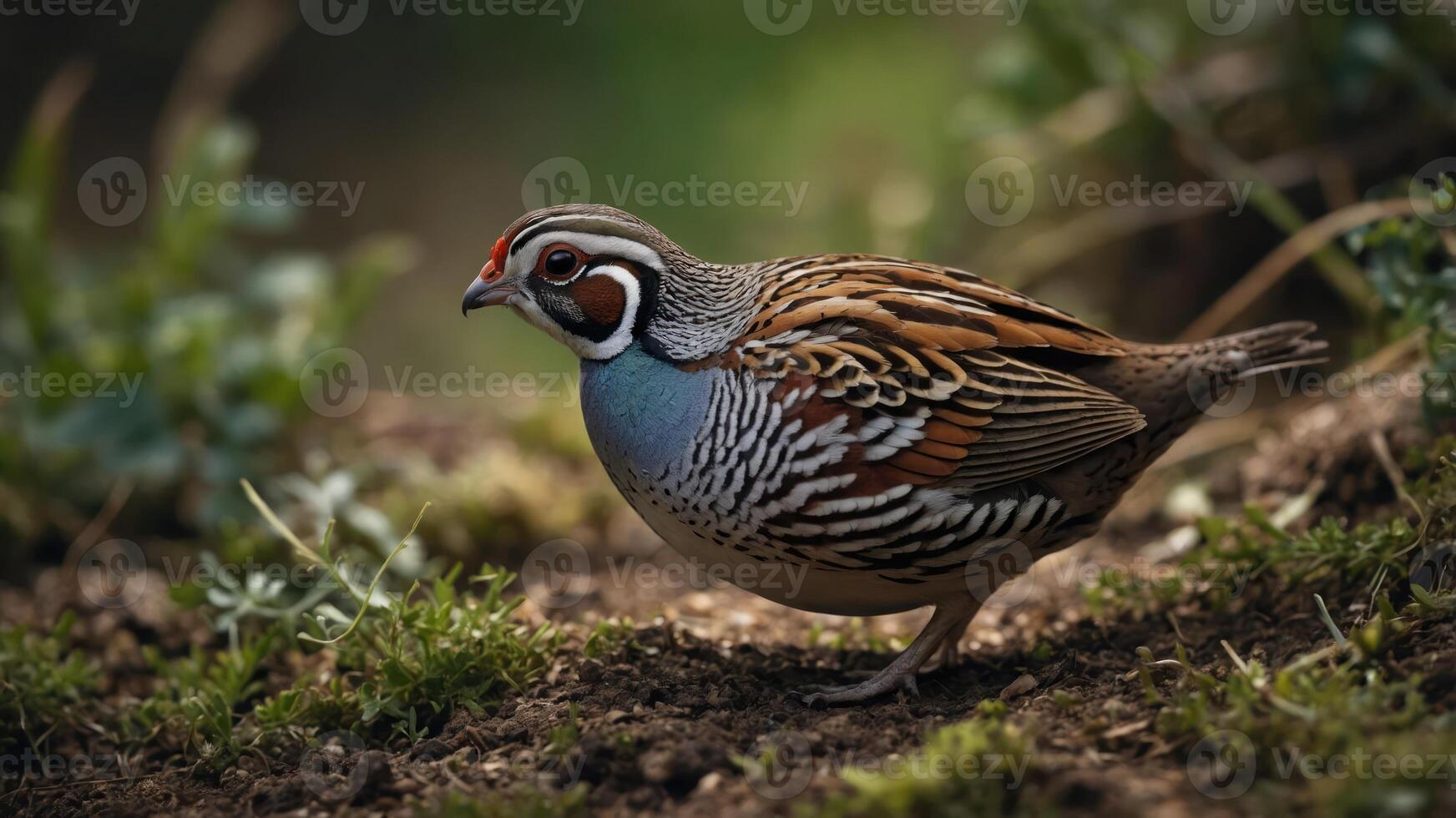 A colorful bird with intricate patterns walking on the ground amidst greenery. photo