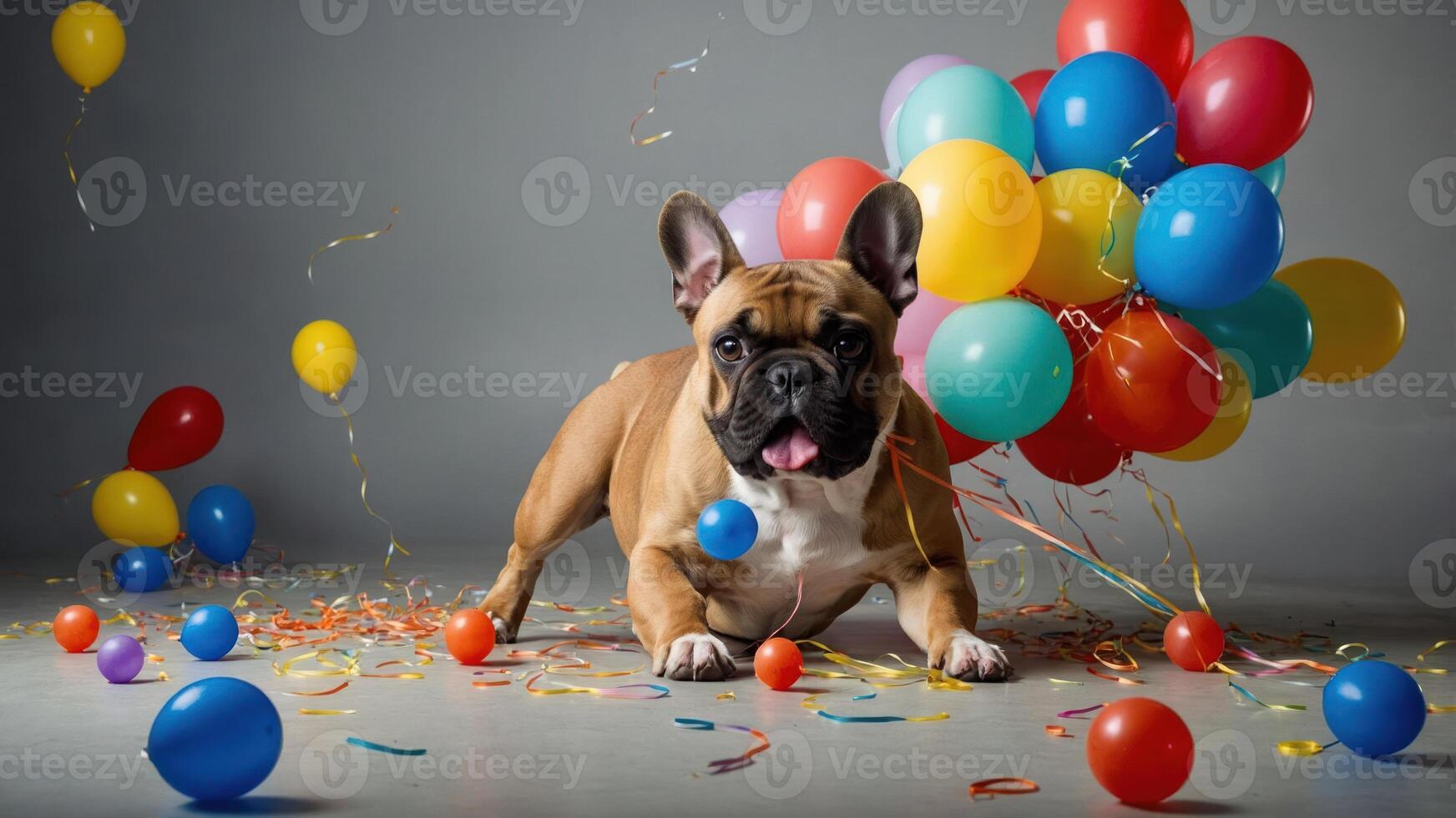 A playful dog surrounded by colorful balloons and confetti, celebrating a festive occasion. photo