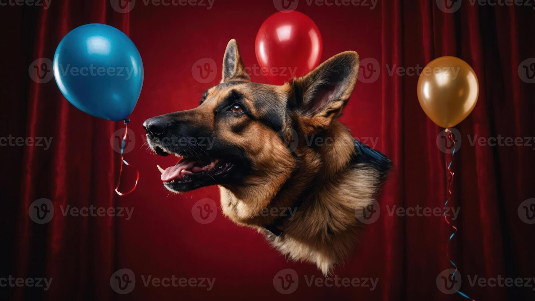 A German Shepherd's head surrounded by colorful balloons against a red backdrop. photo