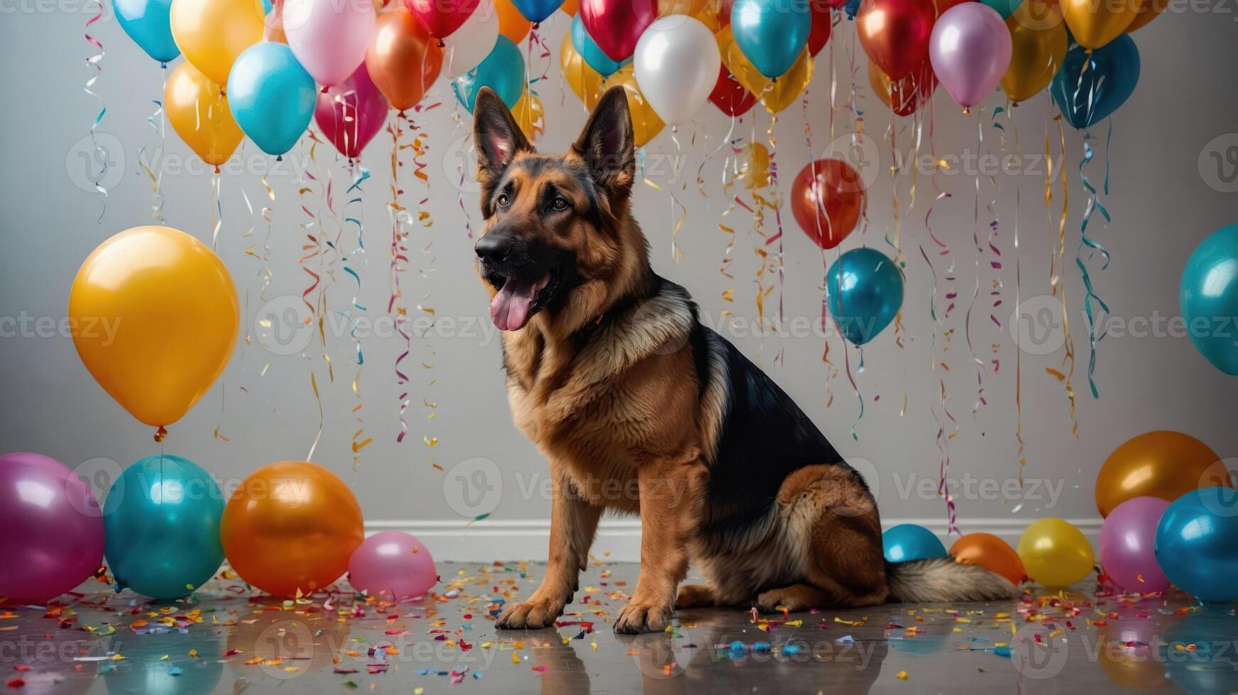 A German Shepherd sits amidst colorful balloons and confetti, celebrating a joyful occasion. photo