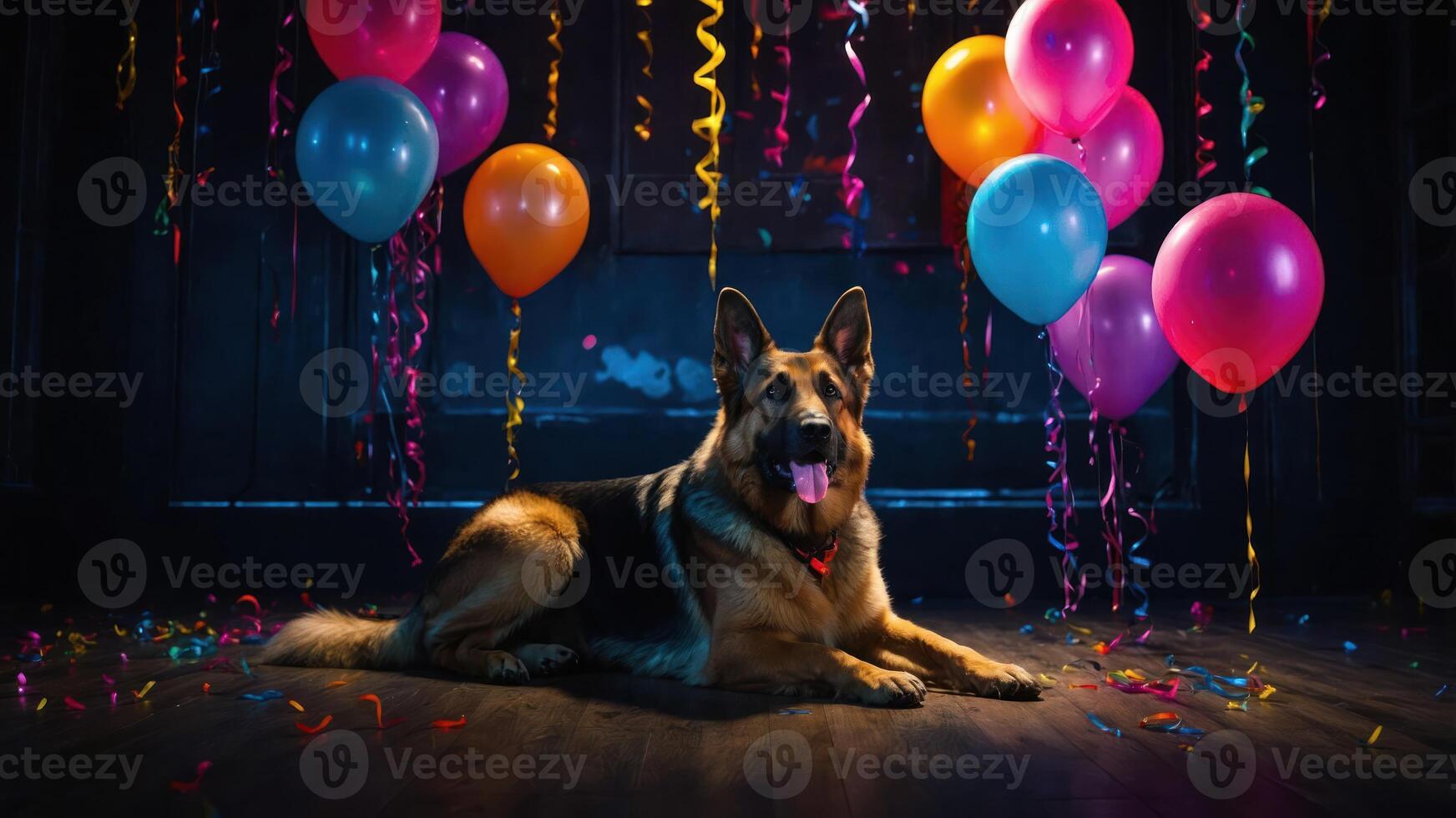A cheerful German Shepherd surrounded by colorful balloons at a festive celebration. photo