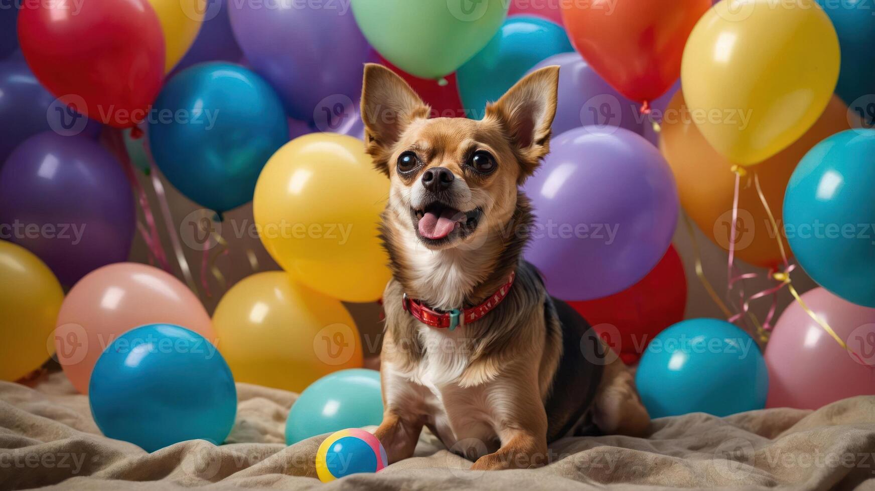 A cheerful dog poses among colorful balloons, creating a festive atmosphere. photo
