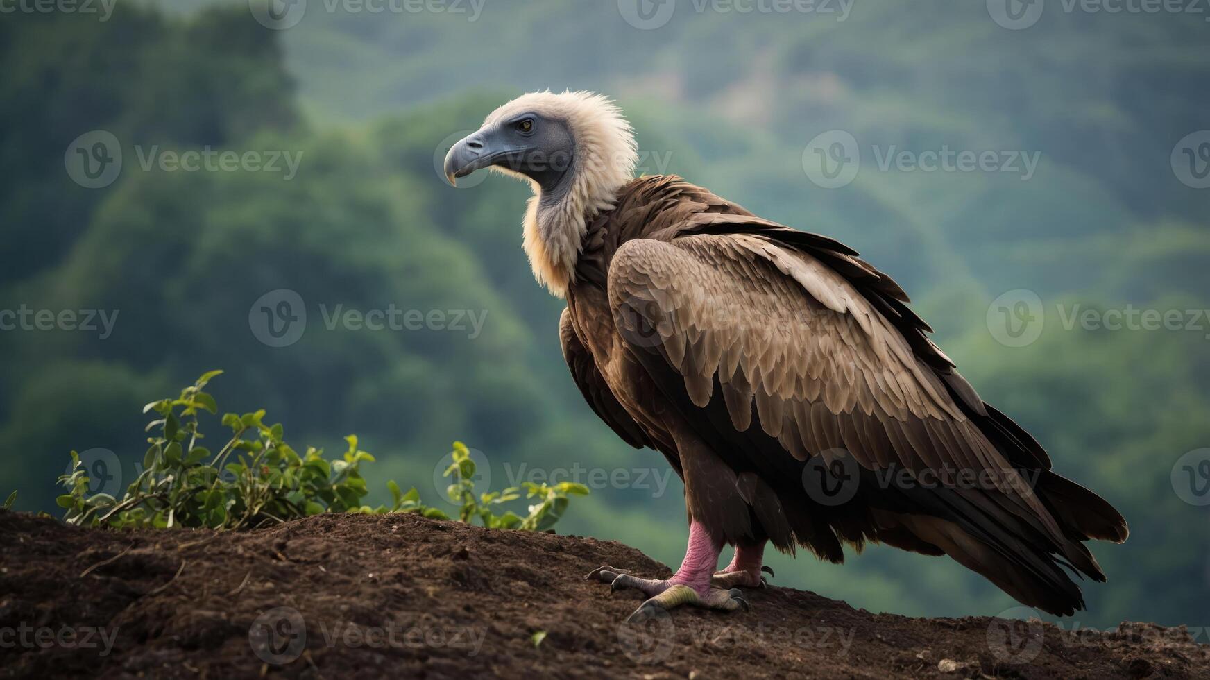 A vulture perched on a rocky surface, surrounded by lush greenery in the background. photo