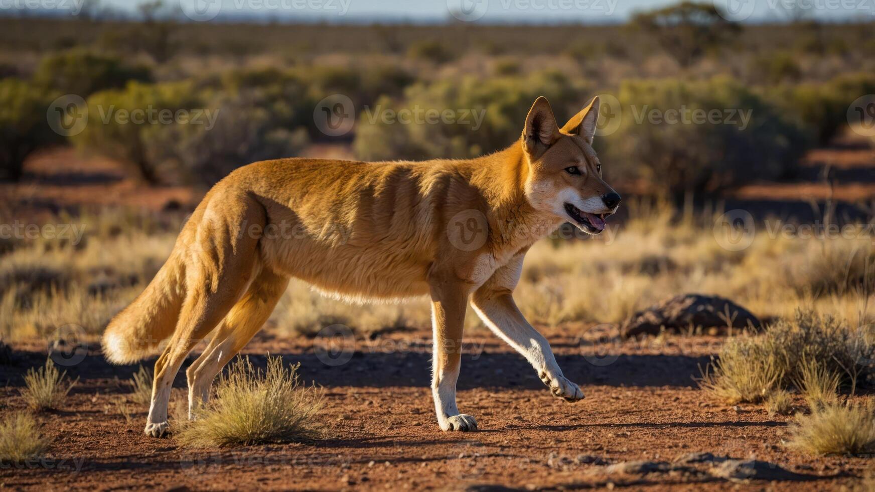 A dingo walking through a desert landscape at sunset. photo
