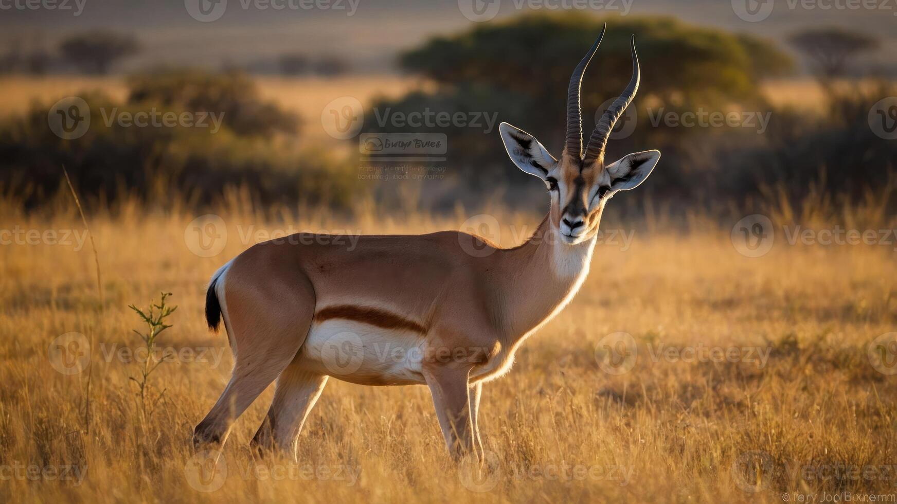 A graceful antelope stands in golden grass, illuminated by warm sunlight. photo