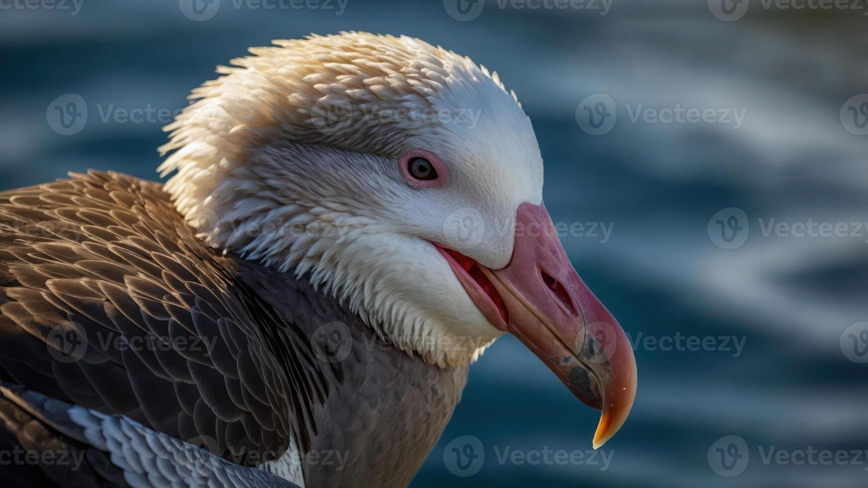 Close-up of a bird with distinctive features against a blurred water background. photo