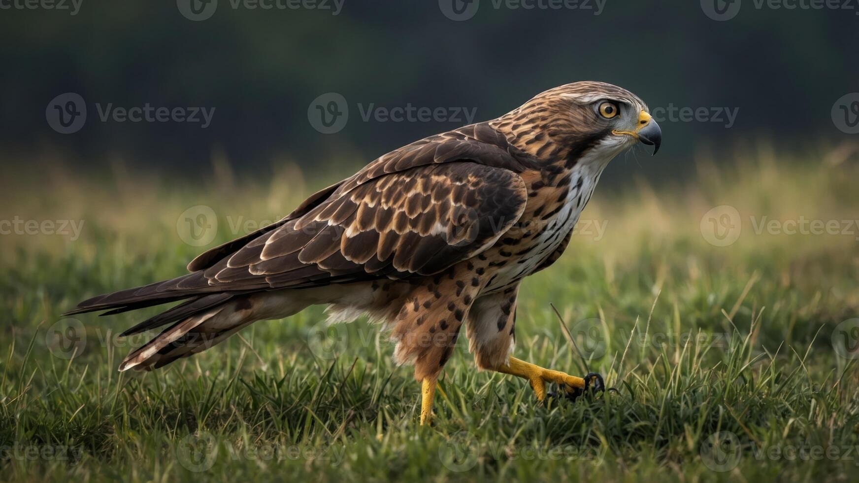 A hawk walking on grass, showcasing its striking plumage and keen expression. photo