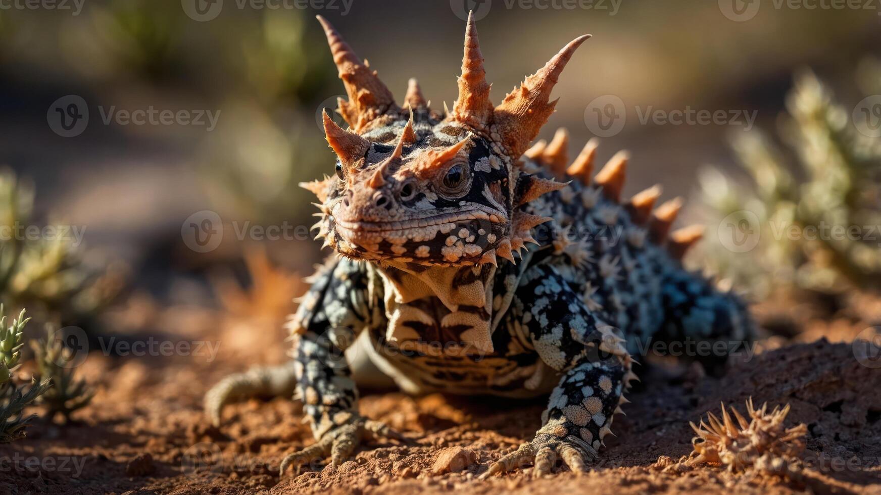 A close-up of a spiky lizard on sandy terrain, showcasing its unique features and habitat. photo