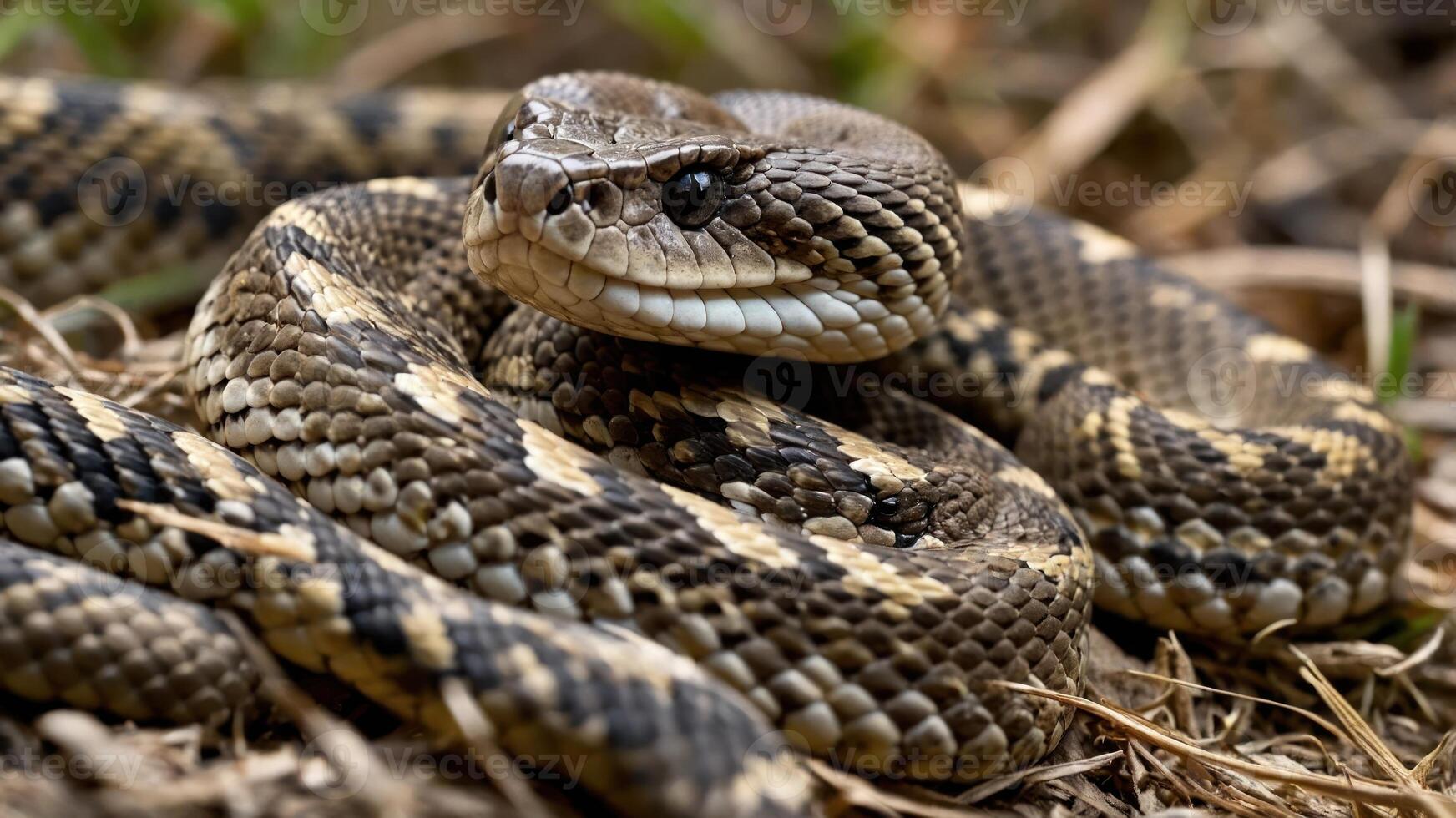 A close-up of a coiled snake resting on the ground, showcasing its scales and features. photo