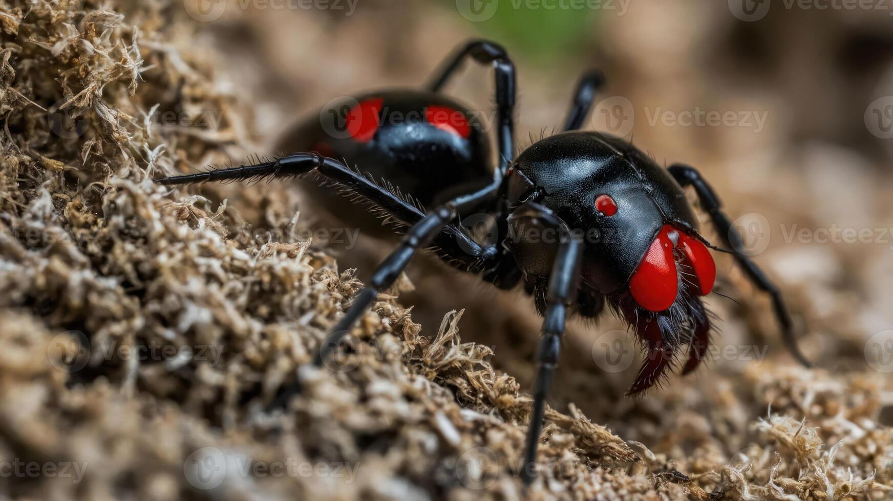 A close-up of a black spider with red markings on its body, showcasing its intricate details. photo
