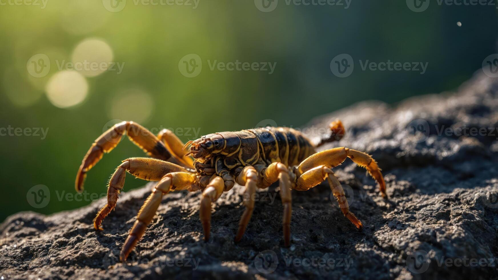 A close-up of a crab on a rock with a blurred natural background. photo