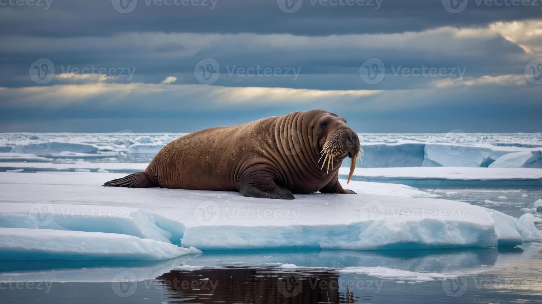 A walrus resting on an ice floe in a serene Arctic landscape. photo