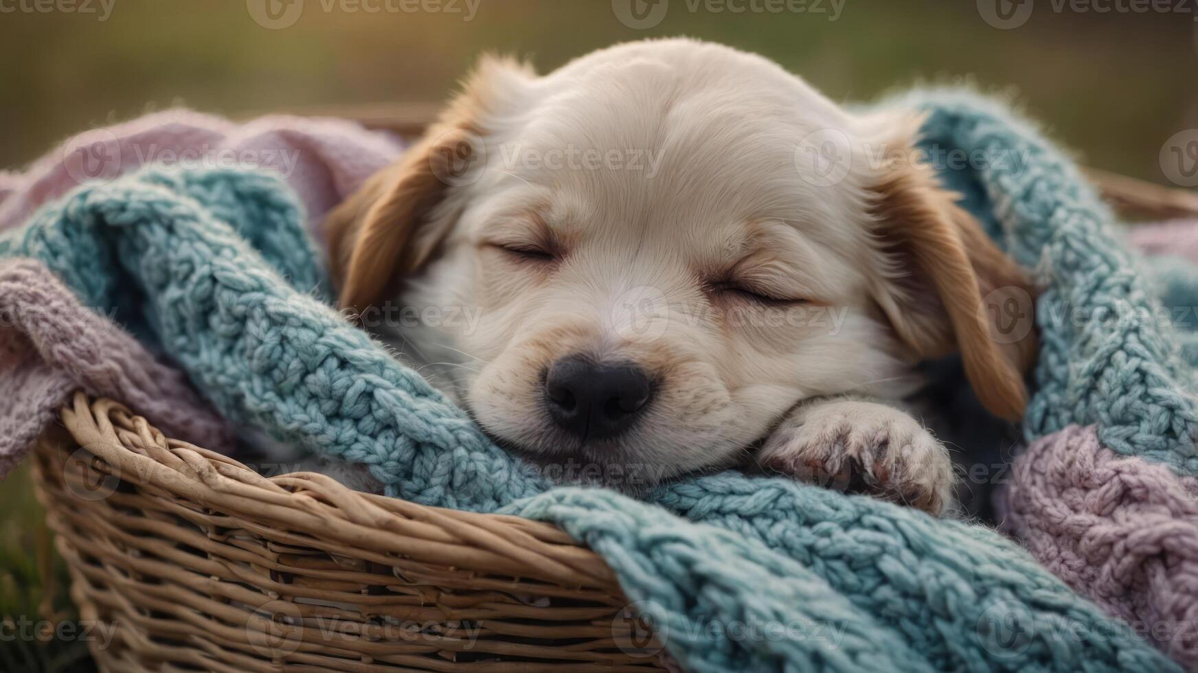 A sleeping puppy nestled in a cozy blanket inside a woven basket. photo