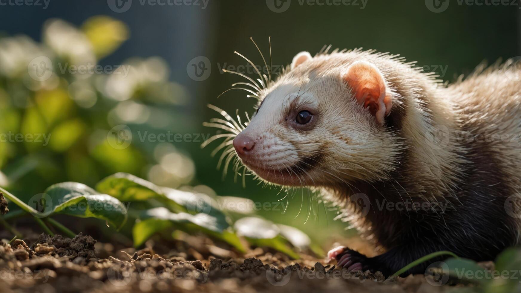 A close-up of a ferret exploring its natural environment. photo