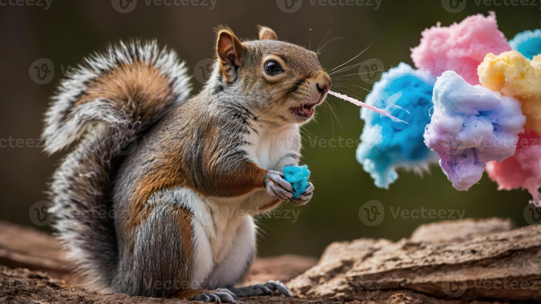 A squirrel enjoying a piece of colorful cotton candy. photo
