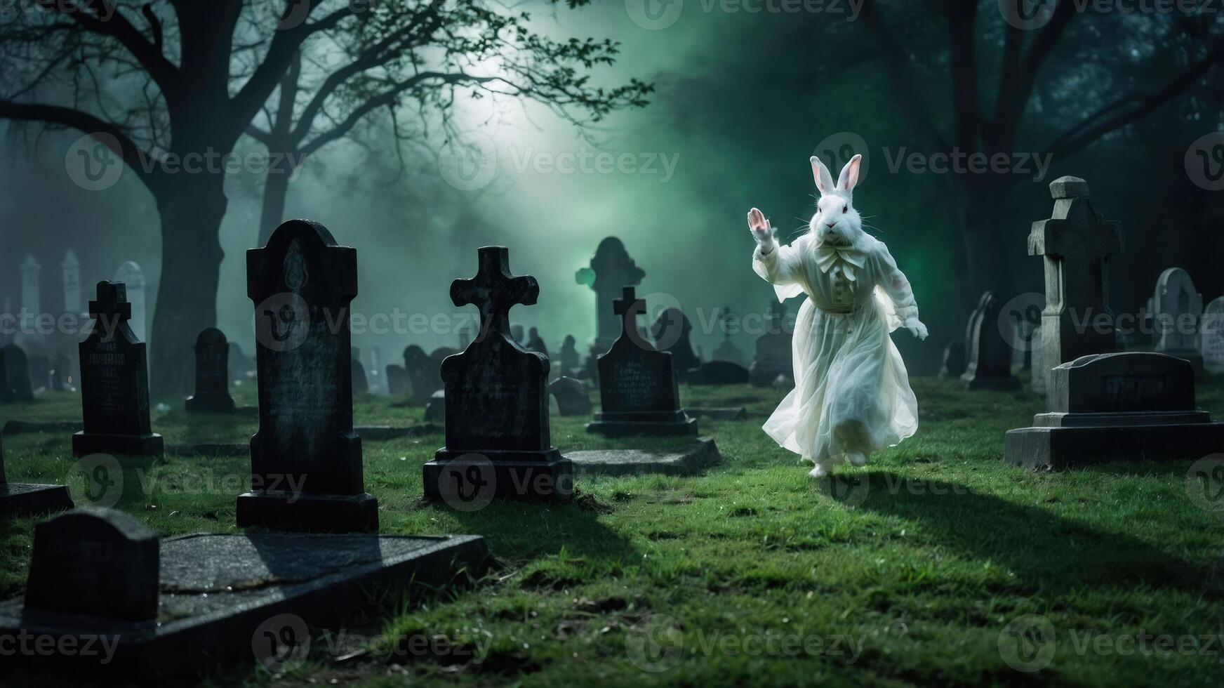 A haunting scene of a figure in a rabbit costume wandering through a misty graveyard. photo