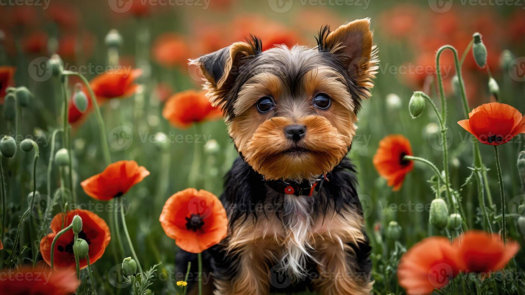 A small dog sitting among vibrant red poppy flowers in a lush field. photo