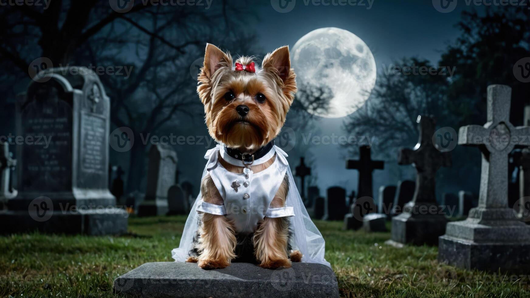 A dog in a ghostly setting, wearing a costume, poses in a graveyard under a full moon. photo