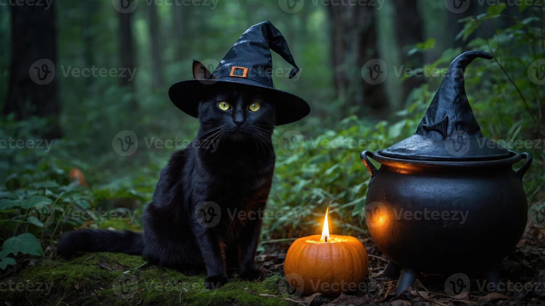 A black cat wearing a witch's hat sits beside a pumpkin and cauldron in a forest setting. photo