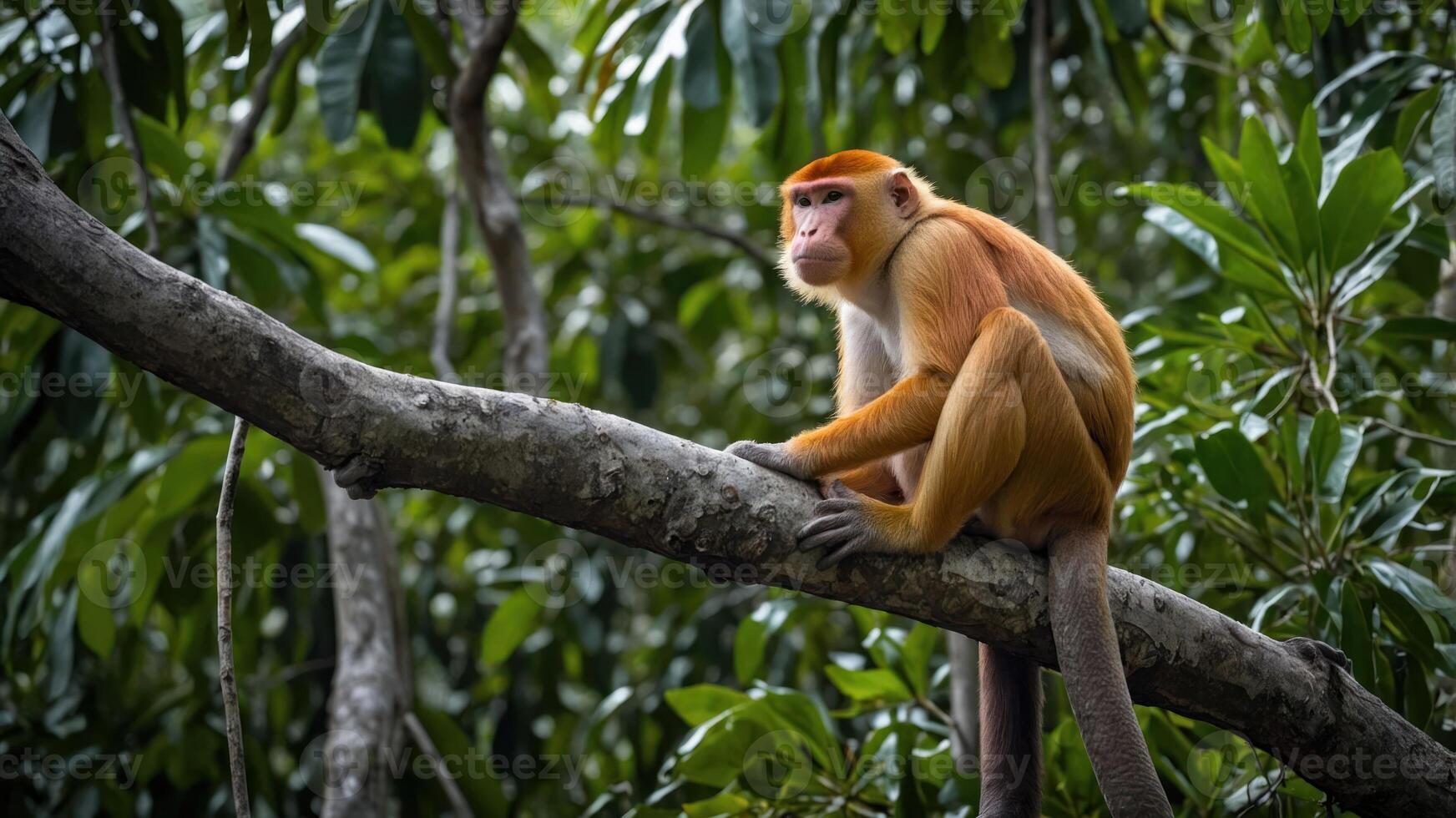A proboscis monkey perched on a tree branch amidst lush green foliage. photo