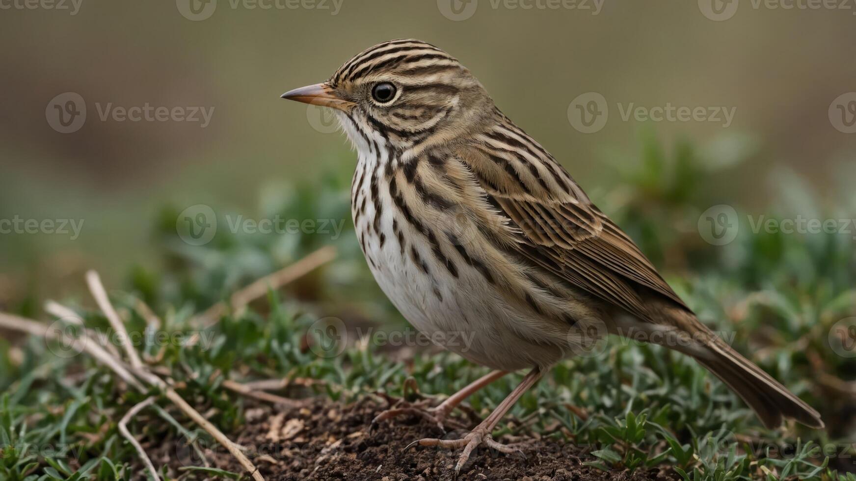 A small bird with brown and white stripes standing on the ground amidst greenery. photo