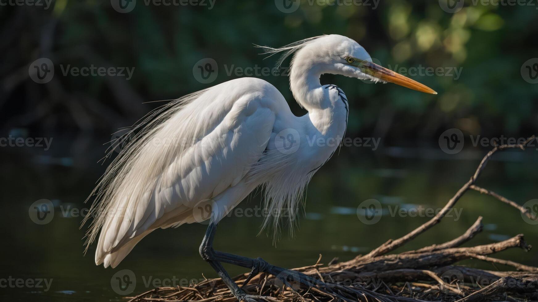 A great egret stands gracefully on a branch near water, showcasing its elegant plumage. photo