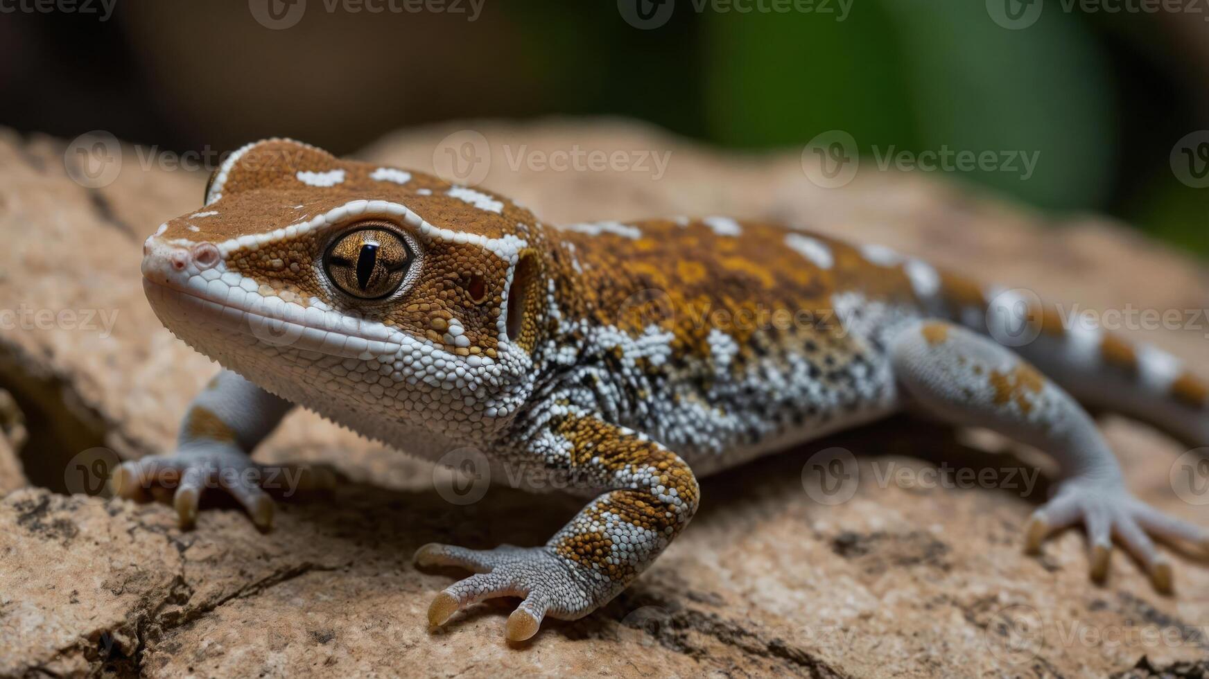A close-up of a colorful gecko resting on a rock. photo