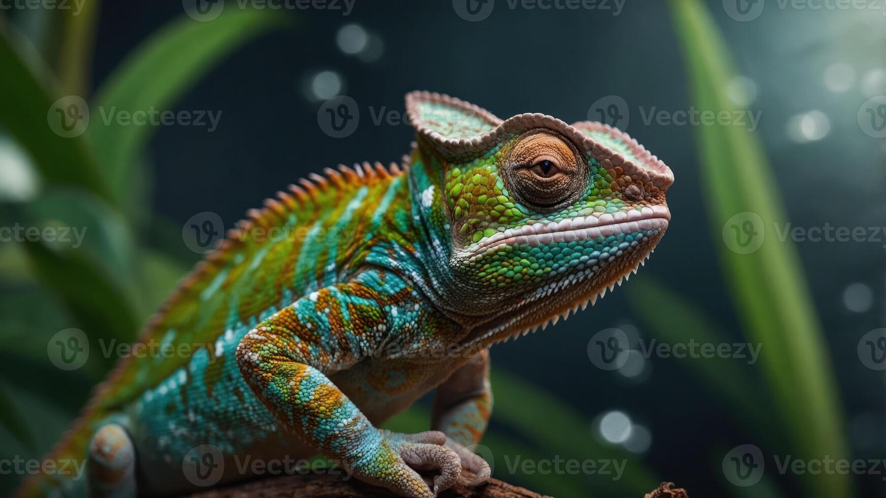 A vibrant chameleon perched on a branch, showcasing its colorful scales in a natural setting. photo