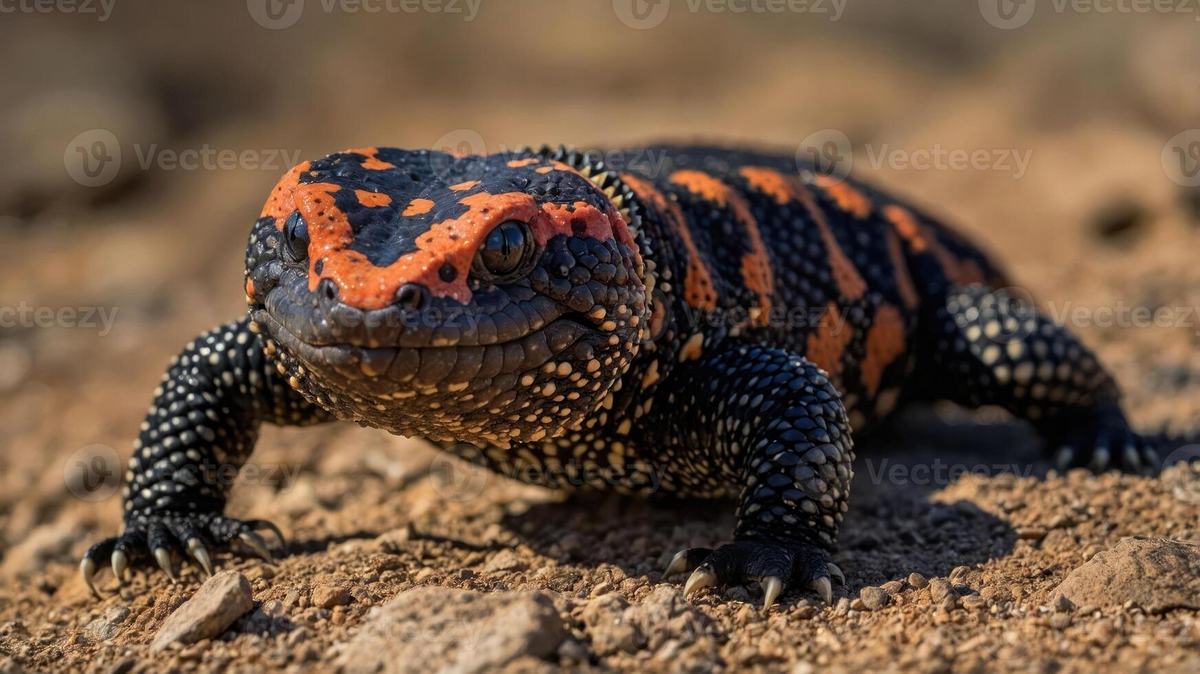 A close-up of a vibrant, patterned lizard on a rocky surface. photo