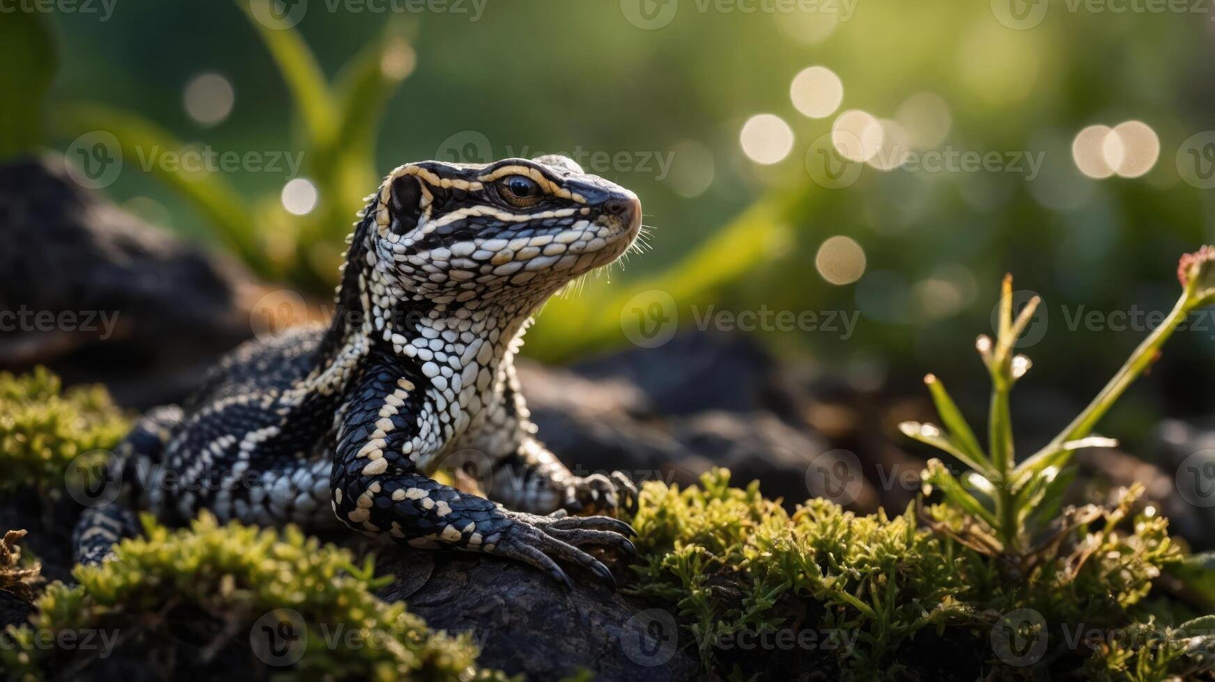 A close-up of a lizard resting on moss, surrounded by natural greenery and soft light. photo