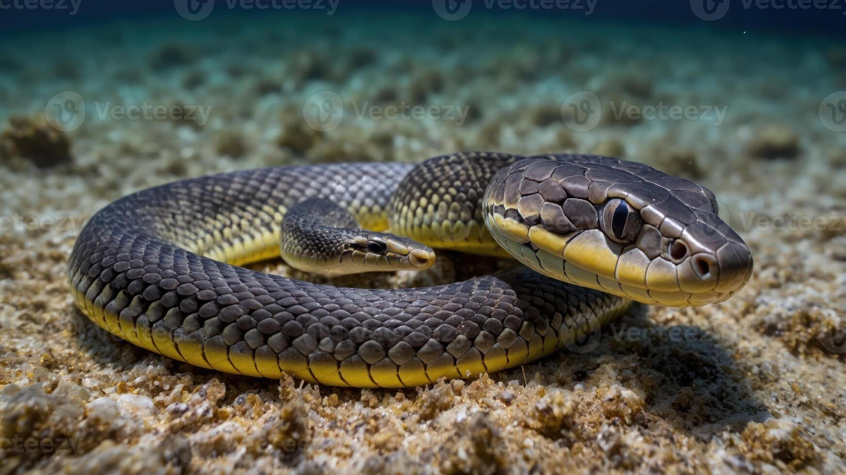 A close-up of a snake coiled on the ocean floor, showcasing its unique features. photo