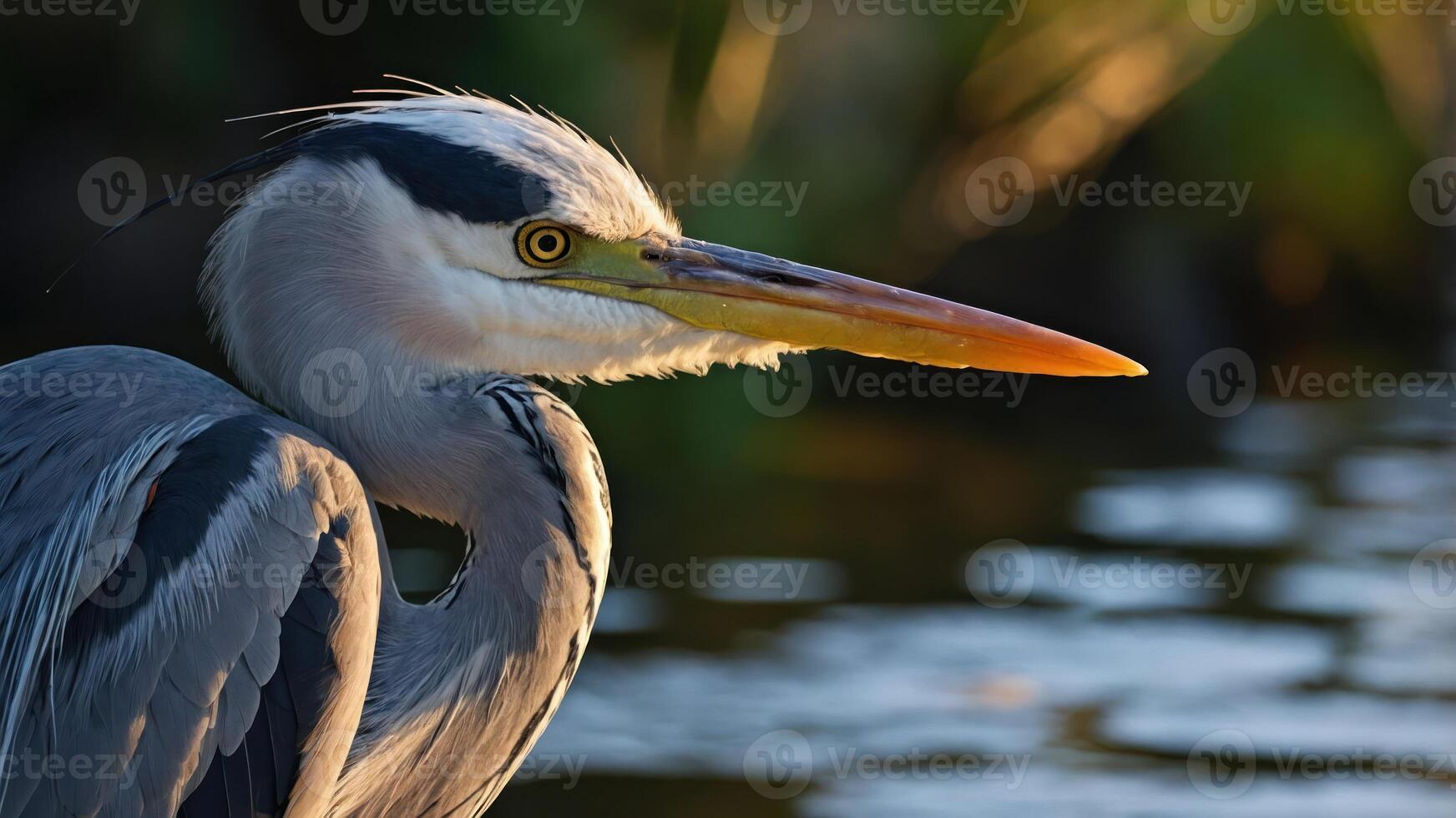 A close-up of a heron by the water, showcasing its features in natural light. photo