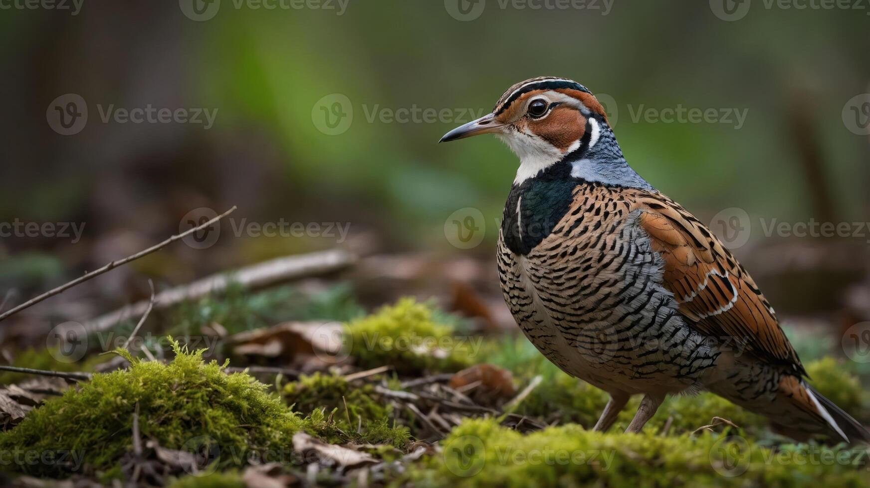 A close-up of a colorful bird standing on mossy ground in a forest setting. photo