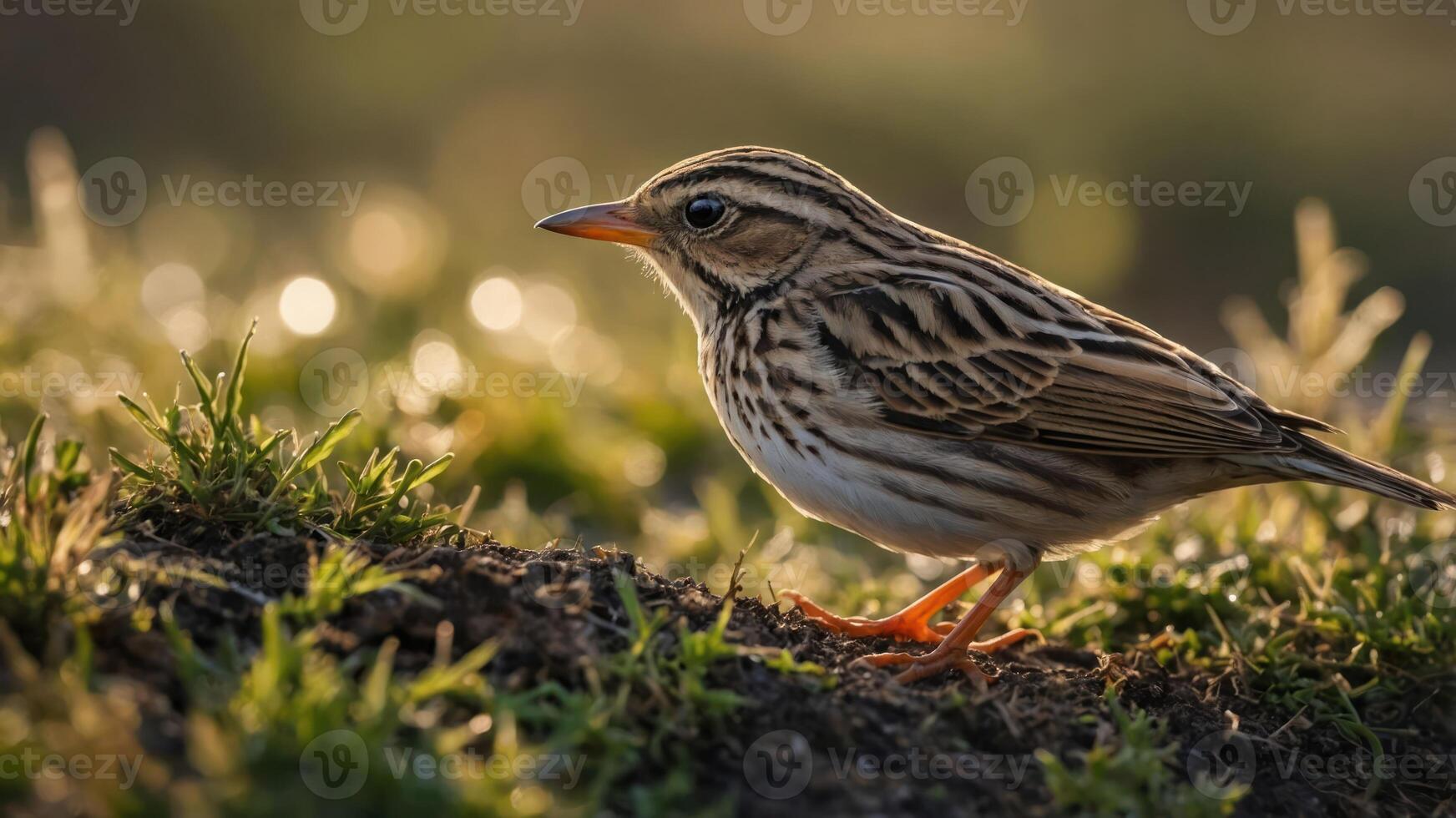 A close-up of a bird on the ground, showcasing its detailed plumage and surroundings. photo