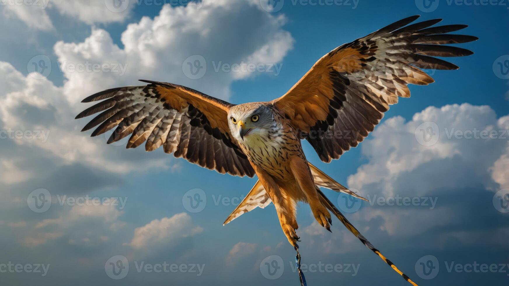 A majestic hawk soaring through a blue sky with clouds. photo