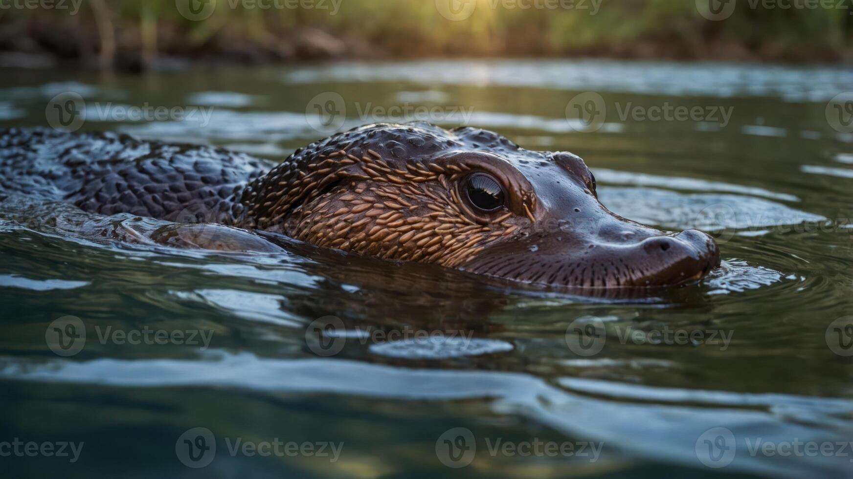 A close-up of a swimming platypus in calm water, showcasing its unique features. photo