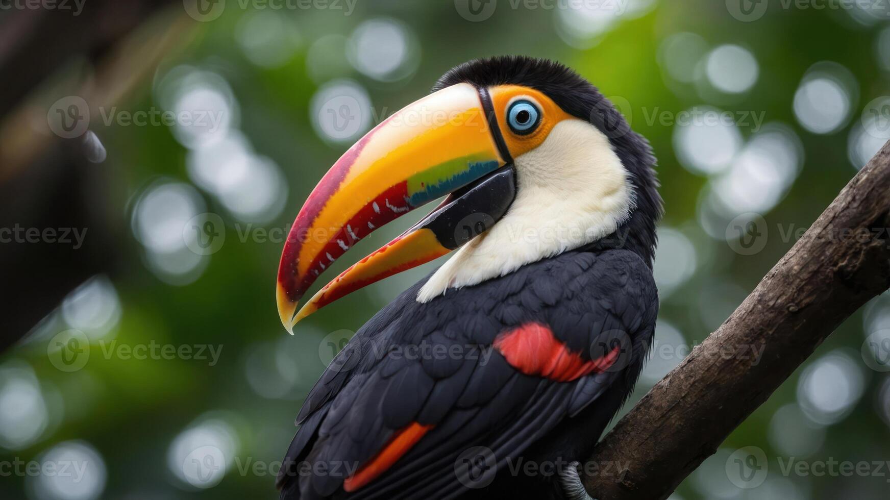 A vibrant toucan perched on a branch amidst lush greenery. photo