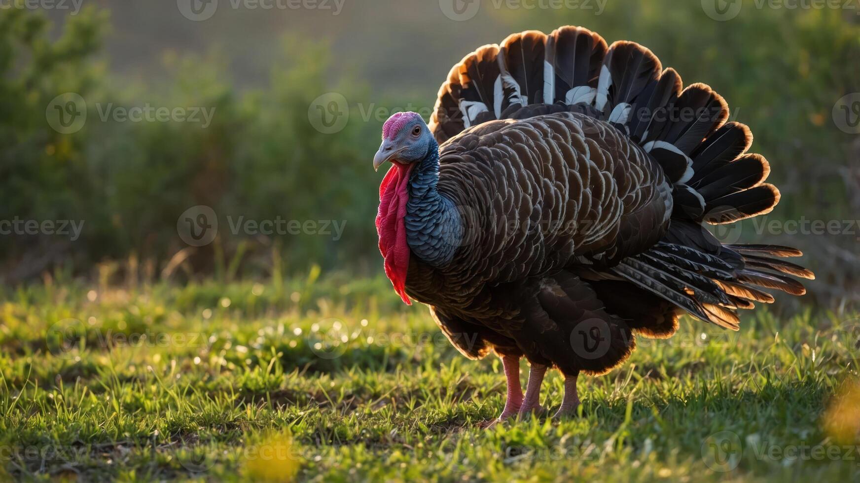 A wild turkey stands gracefully in a sunlit field, showcasing its vibrant plumage. photo