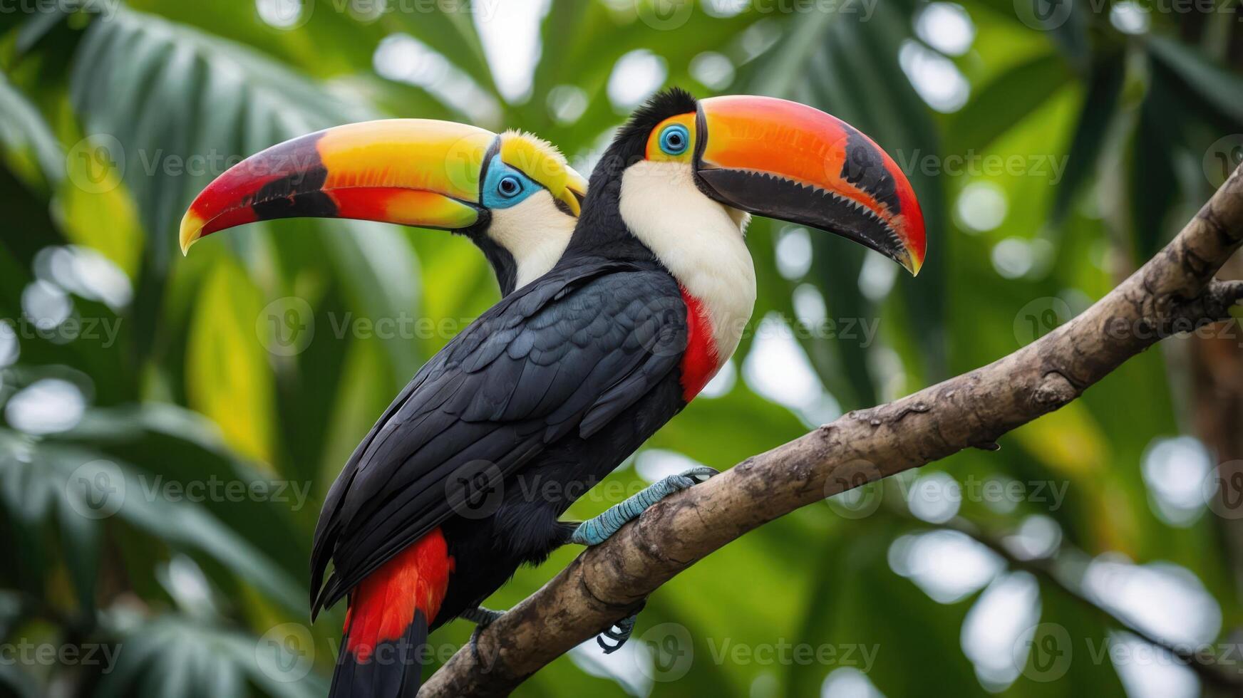 Two colorful toucans perched on a branch amidst lush green foliage. photo