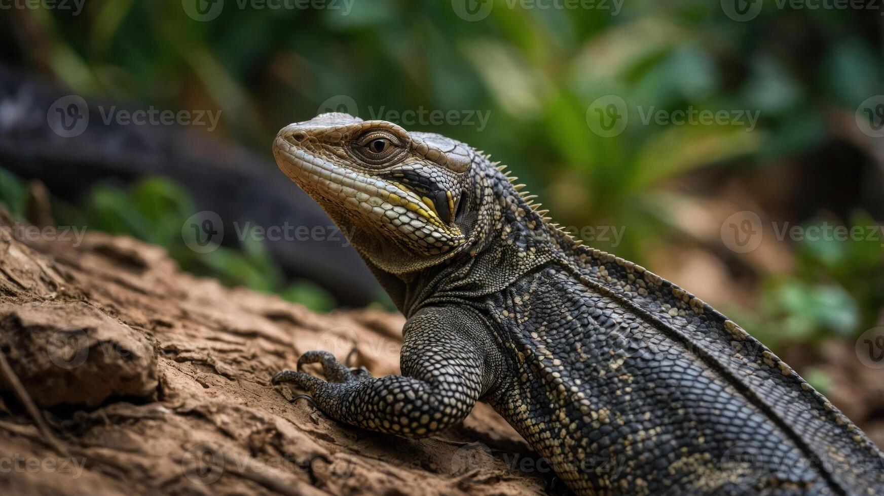 A close-up of a lizard on a textured surface amidst greenery. photo