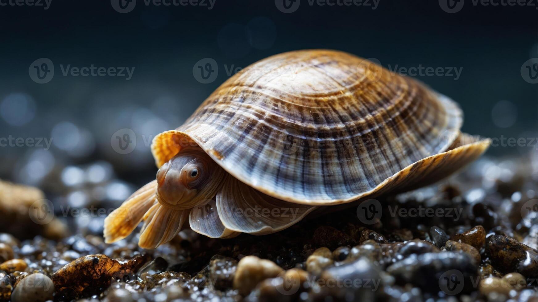 A close-up of a shellfish resting on a sandy surface, showcasing its intricate shell patterns. photo
