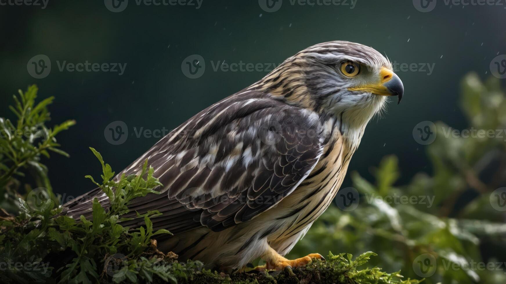 A close-up of a hawk perched on mossy foliage, set against a blurred, moody background. photo