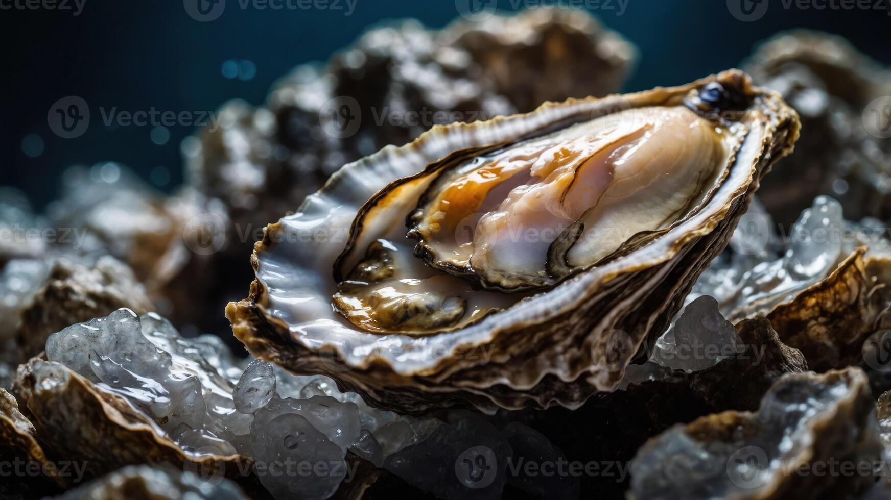 A close-up of an open oyster resting on crushed ice, showcasing its delicate interior. photo
