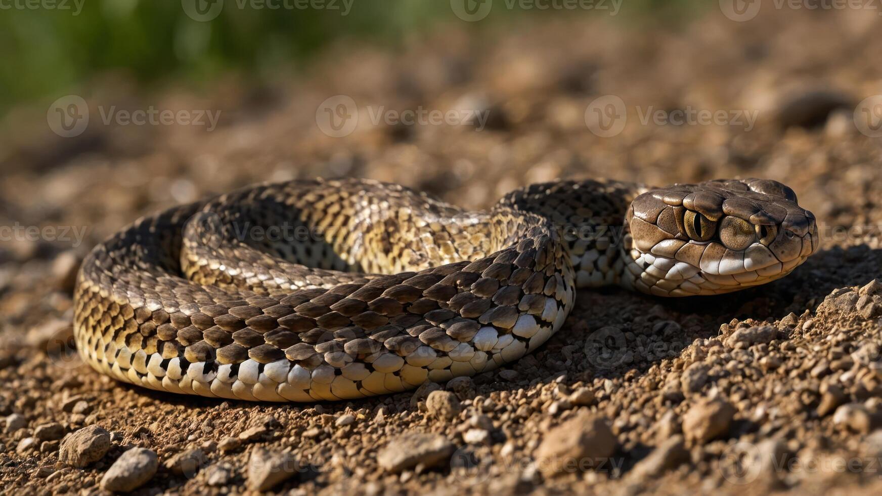 A close-up of a coiled snake resting on the ground. photo