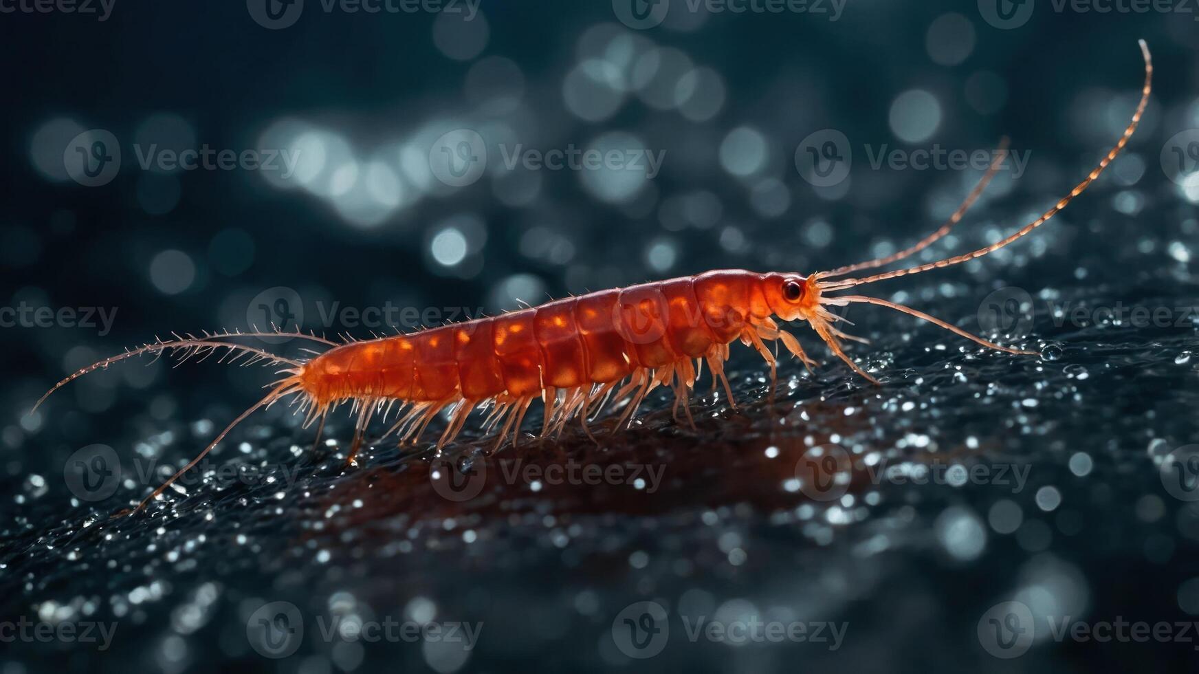 A close-up view of a vibrant orange amphipod on a textured surface. photo