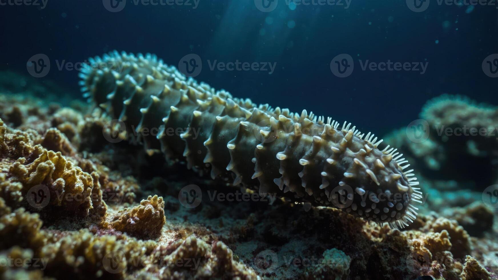 A sea cucumber resting on the ocean floor amidst coral. photo