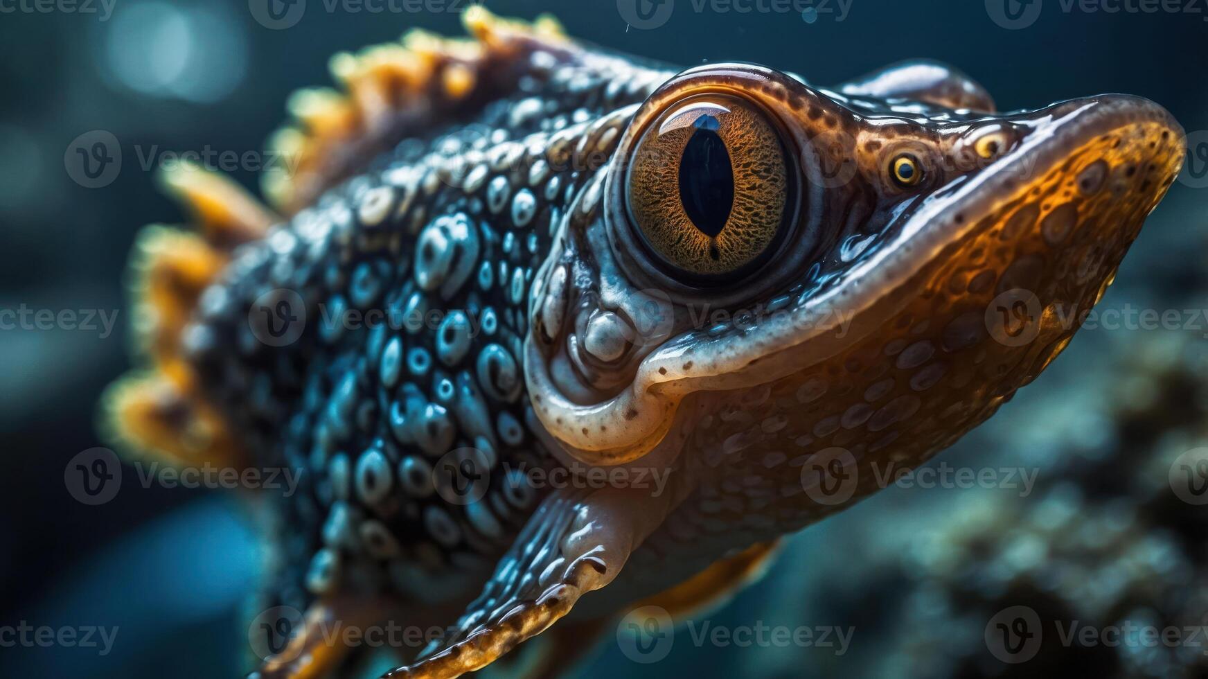A close-up of a colorful fish showcasing intricate patterns and textures underwater. photo