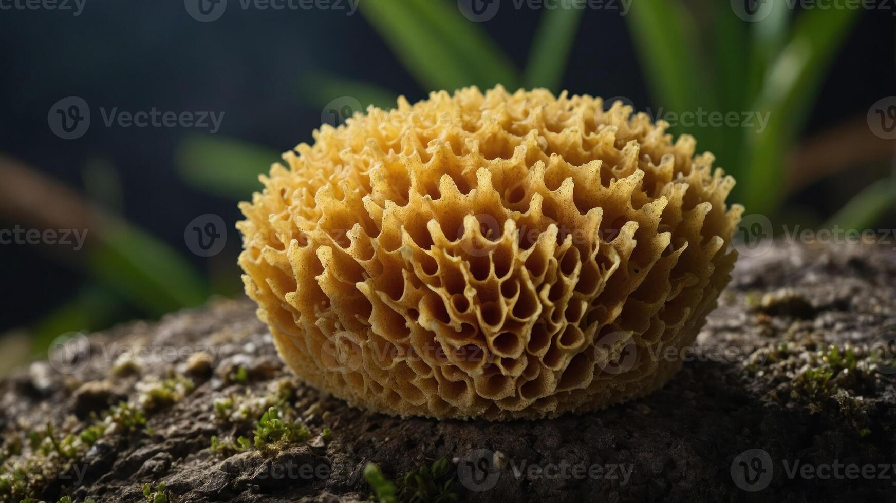A close-up of a textured, yellow sponge-like object resting on a natural surface. photo