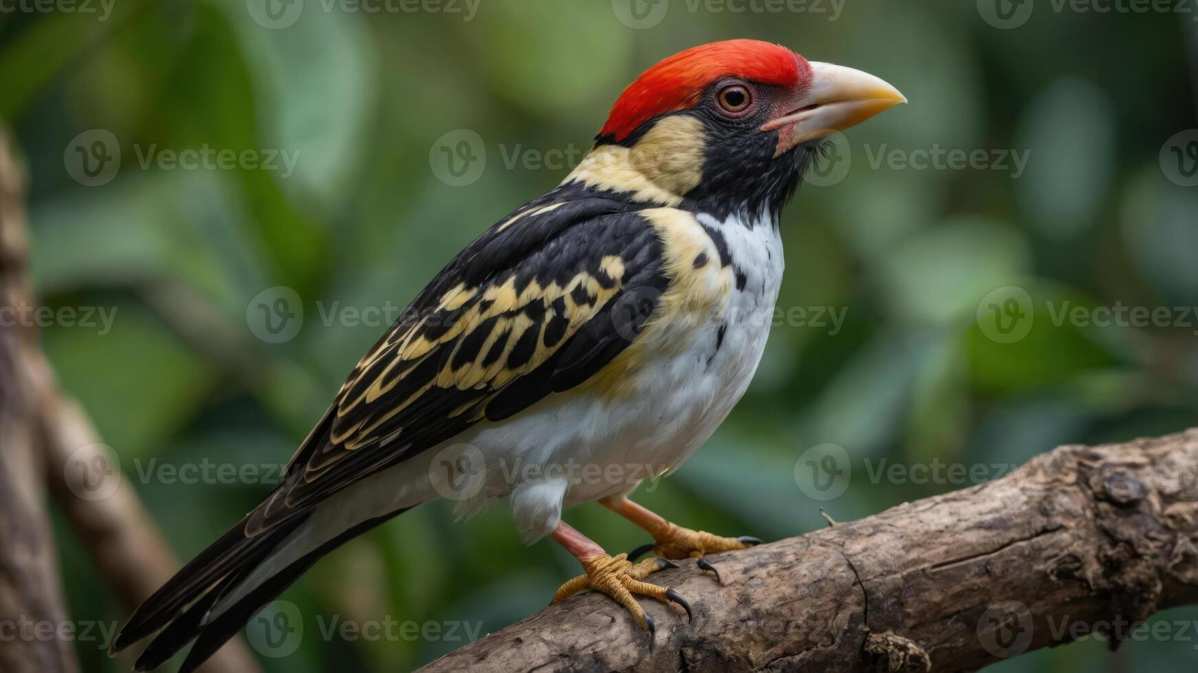 A colorful bird perched on a branch amidst lush greenery. photo