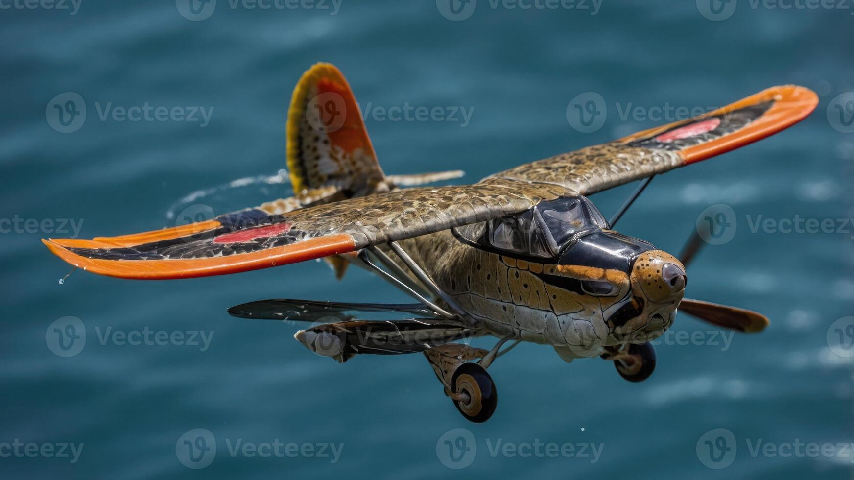 A detailed model airplane flying over water, showcasing its intricate design and colors. photo